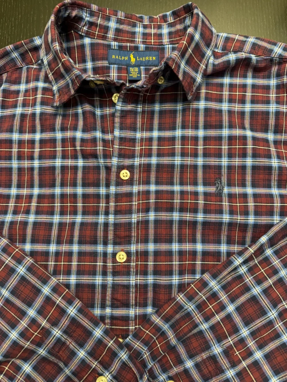 Ralph Lauren Boys XL Burgundy and Blue Plaid Button-Down Shirt
